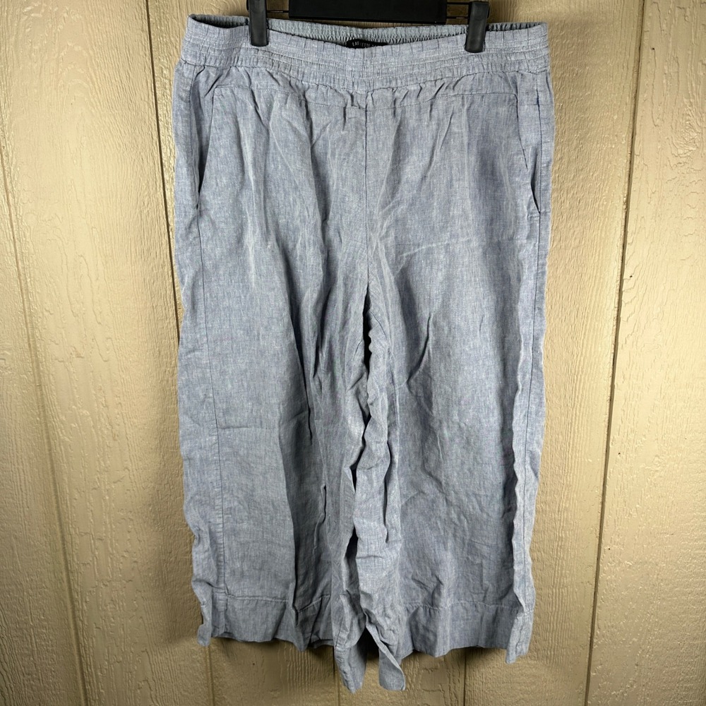 Lafayette 148 Linen Wide Leg Culotte Pants Womens XL Blue Elastic Waist Relaxed